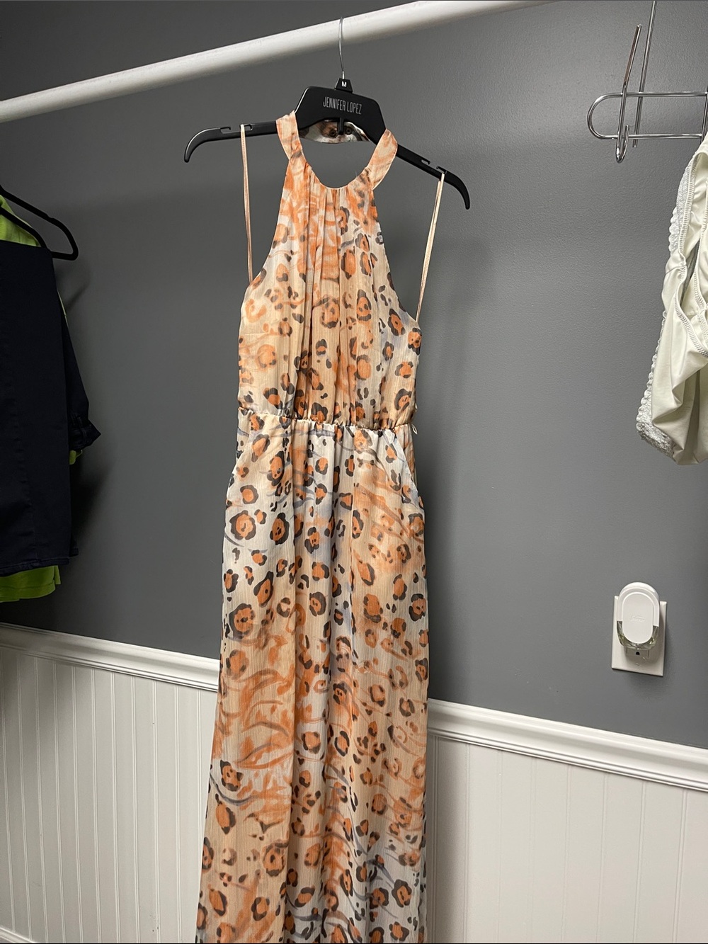Jennifer Lopez Peach and Cream Animal Print Maxi Dress